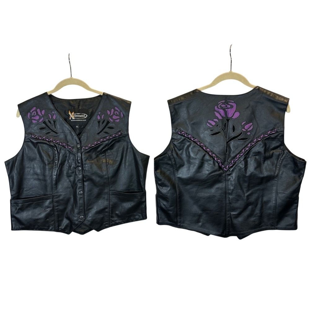 Xelement Womens Black Leather Motorcycle Vest Purple Rose Braided Trim XL